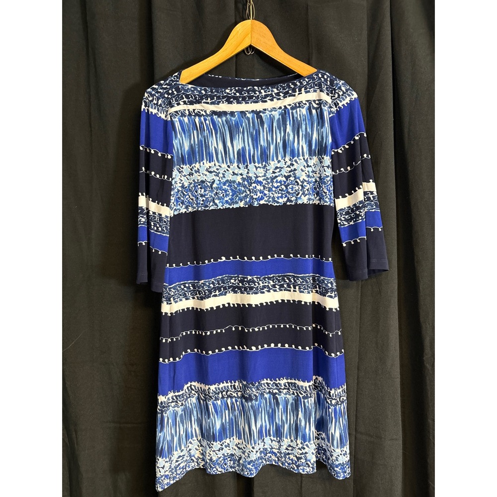Donna Morgan Blue Navy Mixed Print Boat Neck 3/4 Sleeve Shift Dress Size 4